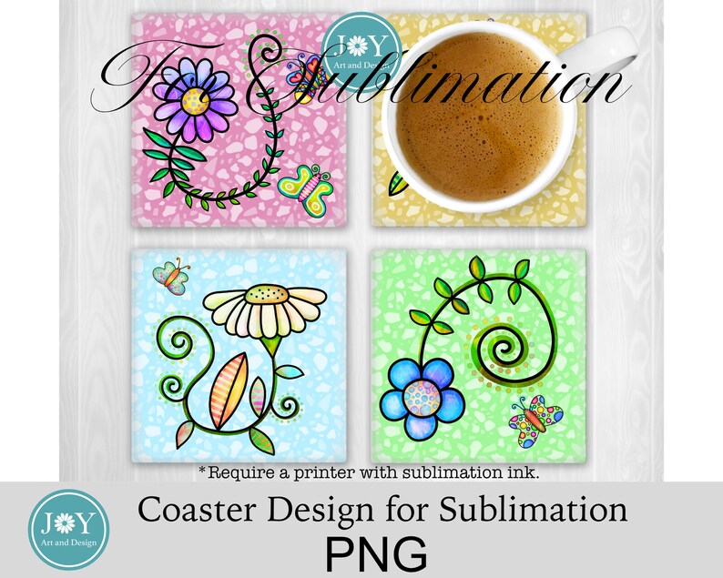 May include: Four square coasters with a floral design. Each coaster features a different flower with a butterfly and a swirl pattern. The coasters are on a light wood background.