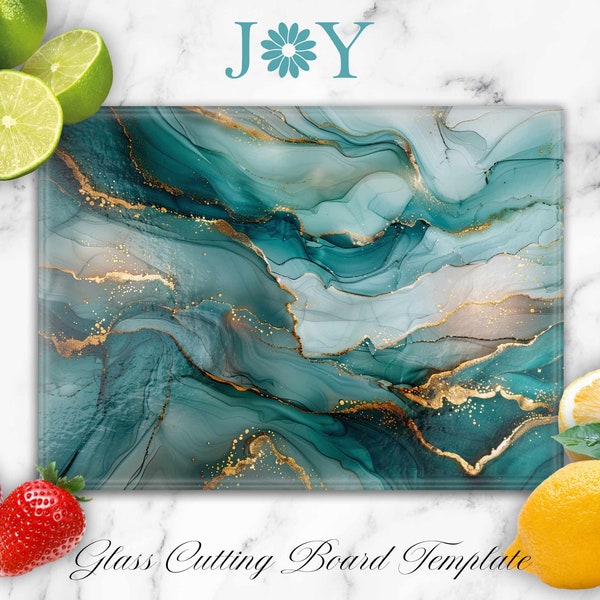 Teal and Gold Marble Cutting Board Sublimation Design, Digital Instant Download Glass Cutting Board, Chopping  Board Template PNG Design