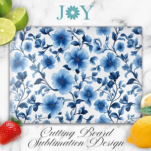 Glass Cutting Board Vintage Blue Flowers Sublimation Design, Glass Cutting Board Digital Download PNG, Glass Cutting Board Template