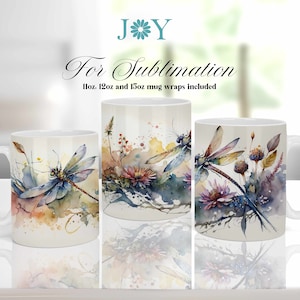 Mug Press Sublimation Design, Watercolor Dragonflies Coffee Mug PNG, Sublimation Mug Full Wrap Template, Digital 11oz 12oz 15oz Mug