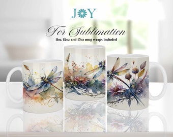 Mug Press Sublimation Design, Watercolor Dragonflies Coffee Mug PNG, Sublimation Mug Full Wrap Template, Digital 11oz 12oz 15oz Mug