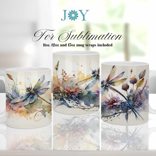 Mug Press Sublimation Design, Watercolor Dragonflies Coffee Mug PNG, Sublimation Mug Full Wrap Template, Digital 11oz 12oz 15oz Mug