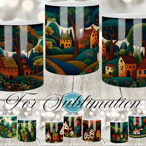 Dorf Mug Wrap Vorlage, Sublimationsbecher Design, 11 Unzen 12 Unzen 15 Unzen digitale Bechervorlagen, sofortiger Download Kaffeetasse Full Wrap