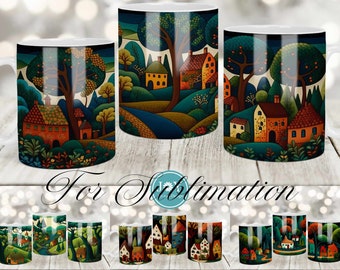 May include: Set of 8 sublimation mugs featuring a whimsical illustration of a village nestled in a forest with colorful houses, trees, and a winding path. The mugs are white with a glossy finish.