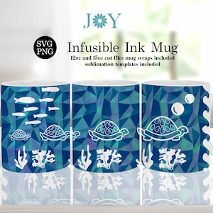 May include: Three white ceramic mugs with a blue and green geometric pattern. The mugs feature a white outline of a turtle, seaweed, and fish. The text "Infusible Ink Mug" is printed on the top of the image.
