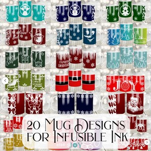 Pu&ograve; includere: Venti disegni di tazze natalizie da utilizzare con inchiostro infusibile. I disegni presentano una variet&agrave; di immagini natalizie, tra cui fiocchi di neve, renne, Babbo Natale e alberi di Natale. Le tazze sono bianche con un contorno nero.