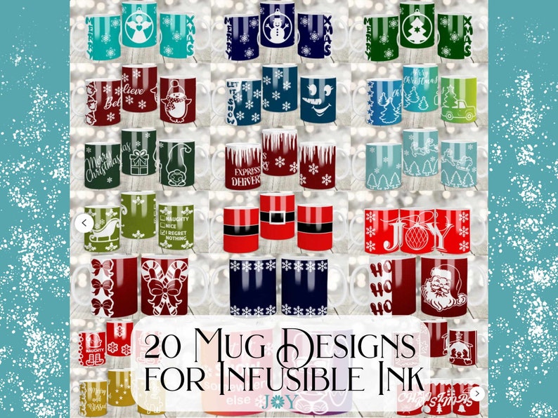 Pu&ograve; includere: Venti disegni di tazze natalizie da utilizzare con inchiostro infusibile. I disegni presentano una variet&agrave; di immagini natalizie, tra cui fiocchi di neve, renne, Babbo Natale e alberi di Natale. Le tazze sono bianche con un contorno nero.