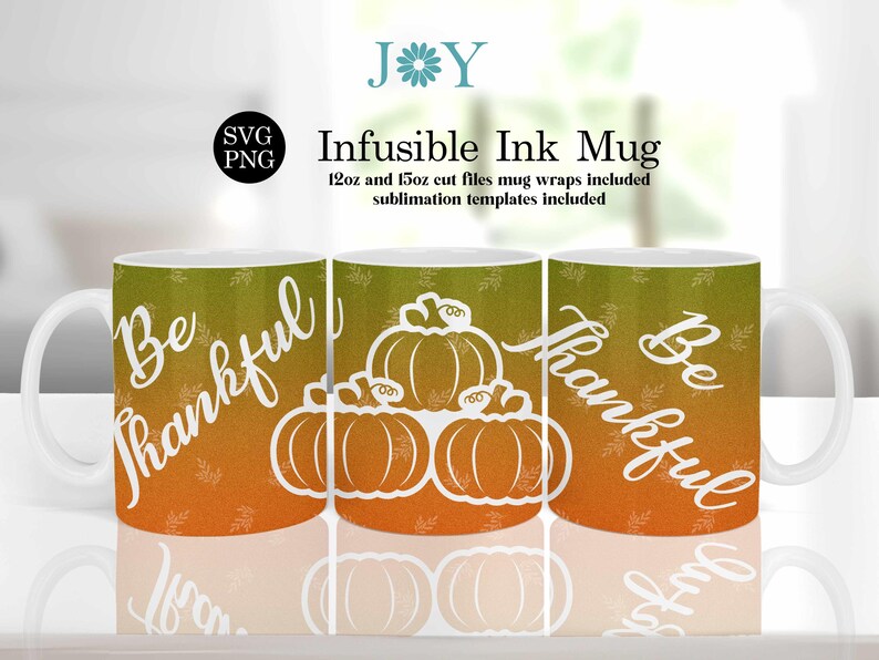 May include: Three white ceramic mugs with a fall theme. The mugs have a gradient background of orange and green with white leaves and the text "Be Thankful". The mugs are decorated with white pumpkin silhouettes.