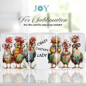 May include: Three white ceramic mugs featuring colourful illustrations of chickens wearing glasses and flowers. The middle mug has the text "Crazy Chicken Lady" printed on it.