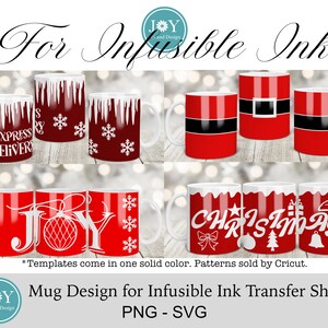 Pu&ograve; includere: Set di sei disegni di tazze di Natale per la sublimazione. I disegni presentano tazze rosse con fiocchi di neve bianchi, ghiaccioli e testo che dice "Express Deliver", "Joy" e "Christmas".
