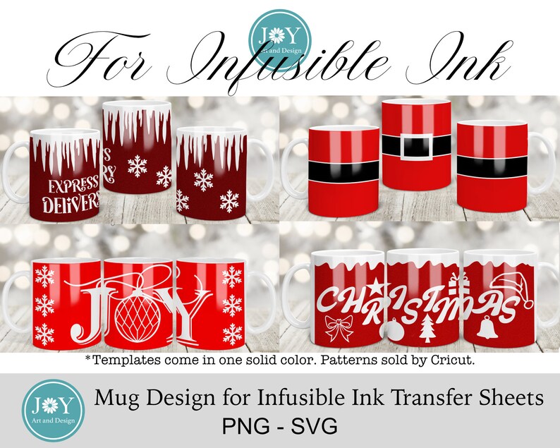 Pu&ograve; includere: Set di sei disegni di tazze di Natale per la sublimazione. I disegni presentano tazze rosse con fiocchi di neve bianchi, ghiaccioli e testo che dice "Express Deliver", "Joy" e "Christmas".