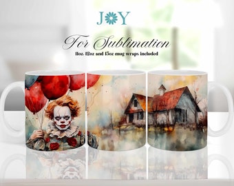 Halloween Clown Mug Wrap Sublimationsdesign - Sofortiger Download Digital 11oz, 12oz und 15oz Kaffeebecher Wrap Vorlagen PNG Dateien
