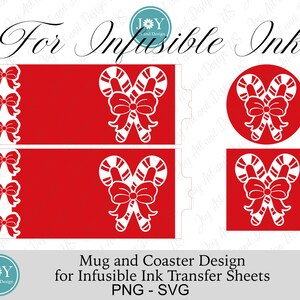 K&ouml;nnte beinhalten: Ein digitales Design f&uuml;r eine Tasse und einen Untersetzer mit einer wei&szlig;en Silhouette von zwei Zuckerstangen, die mit einer Schleife auf einem roten Hintergrund zusammengebunden sind. Der Text "For Infusible Ink" befindet sich oben im Bild. Der Text "Mug and Coaster Design for Infusible Ink Transfer Sheets PNG - SVG" befindet sich unten im Bild.