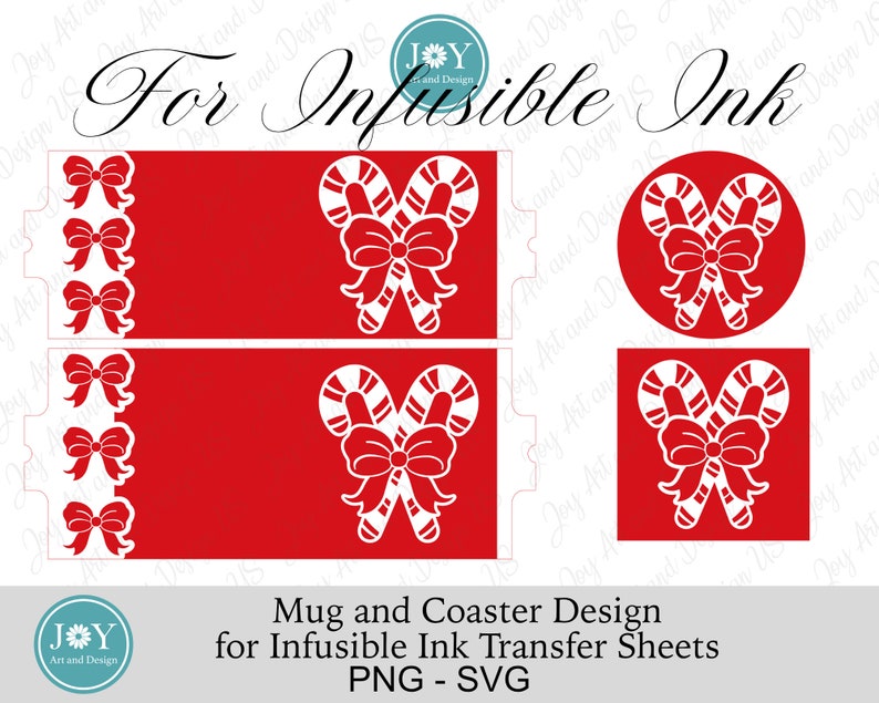 K&ouml;nnte beinhalten: Ein digitales Design f&uuml;r eine Tasse und einen Untersetzer mit einer wei&szlig;en Silhouette von zwei Zuckerstangen, die mit einer Schleife auf einem roten Hintergrund zusammengebunden sind. Der Text "For Infusible Ink" befindet sich oben im Bild. Der Text "Mug and Coaster Design for Infusible Ink Transfer Sheets PNG - SVG" befindet sich unten im Bild.