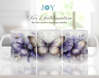 Purple Butterflies Mug Wrap Sublimation Design for 11oz, 12oz and 15oz Mug Sizes - Instant Digital Download Coffee Mug Templates