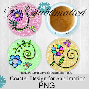 May include: Set of four round coasters with a floral design. Each coaster features a different color background: pink, green, yellow, and blue. The coasters have a terrazzo-like pattern with small colorful chips.