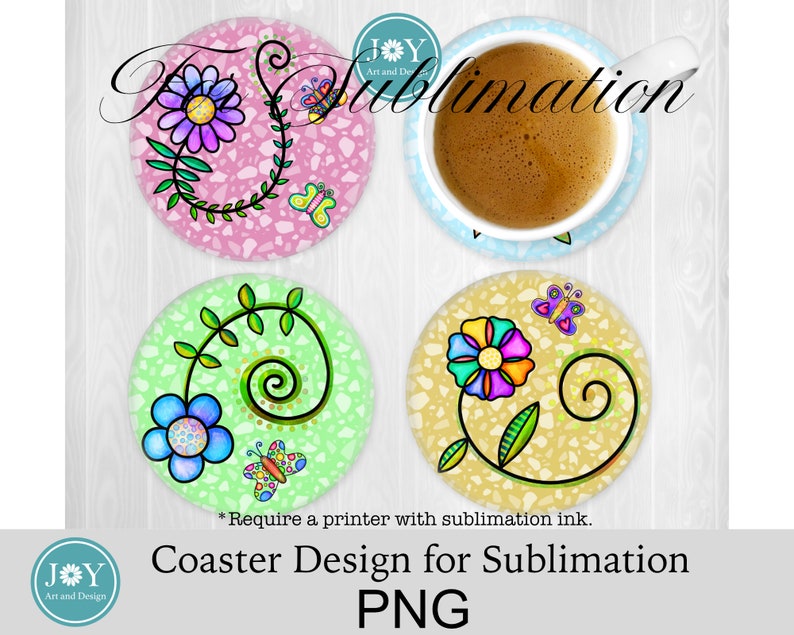 May include: Set of four round coasters with a floral design. Each coaster features a different color background: pink, green, yellow, and blue. The coasters have a terrazzo-like pattern with small colorful chips.