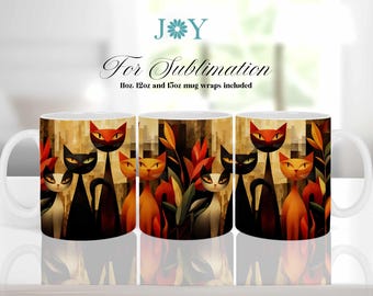 Design a sublimazione per tazze con gatti divertenti - Modelli per tazze da caffè da 11 oz, 12 oz e 15 oz - Download digitale istantaneo