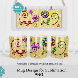 May include: Three white mugs with a sublimation design featuring a yellow background with a swirl pattern, hearts, butterflies, and colorful flowers. The text "*Require a printer with sublimation ink." and "Mug Design for Sublimation PNG" is also included.