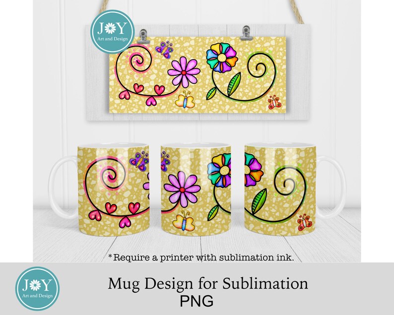 May include: Three white mugs with a sublimation design featuring a yellow background with a swirl pattern, hearts, butterflies, and colorful flowers. The text "*Require a printer with sublimation ink." and "Mug Design for Sublimation PNG" is also included.
