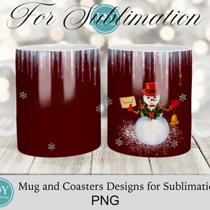 Peut inclure: Un motif de sublimation repr&eacute;sentant un bonhomme de neige avec un chapeau rouge, tenant une lettre et une cloche. L'arri&egrave;re-plan est rouge fonc&eacute; avec des flocons de neige blancs et un effet de paillettes argent&eacute;es.