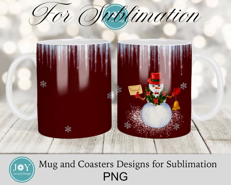Peut inclure: Un motif de sublimation repr&eacute;sentant un bonhomme de neige avec un chapeau rouge, tenant une lettre et une cloche. L'arri&egrave;re-plan est rouge fonc&eacute; avec des flocons de neige blancs et un effet de paillettes argent&eacute;es.