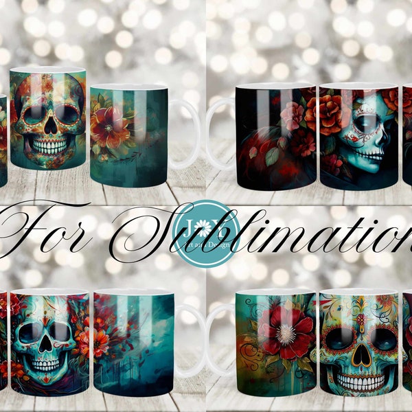 Sugar Skull Mug Sublimation Design, Coffee Mug PNG, Sublimation Mug Full Wrap Template, Digital Download 11 oz 12 oz 15 oz Mug Templates