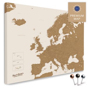 Europa-Karte TRAVEL® Pinnwand Leinwand "BRONZE" | mit Personalisierung | zum Pinnen & Markieren deiner Reiseziele