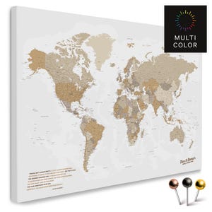 World map pinboard canvas "Multicolor Beige" with personalization | for pinning & marking your travel destinations