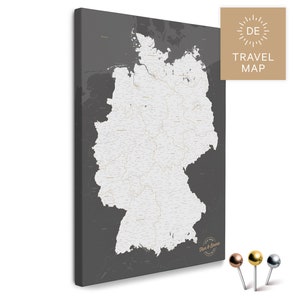 Deutschland-Karte Pinnwand Leinwand "DARK GRAY" (Dunkelgrau) mit Personalisierung | zur Markierung deiner Reiseziele
