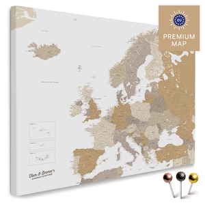 Europa-Karte TRAVEL® Pinnwand Leinwand "MULTICOLOR BEIGE" | mit Personalisierung | zum Pinnen & Markieren deiner Reiseziele