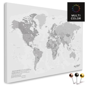 Weltkarte Pinnwand Leinwand "Multicolor Grau" mit Personalisierung | zum Pinnen & Markieren deiner Reiseziele