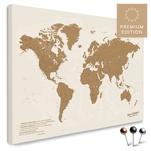 Weltkarte Pinnwand Leinwand "Bronze" mit Personalisierung | zum Pinnen & Markieren deiner Reiseziele