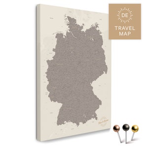 Deutschland-Karte Pinnwand Leinwand "WARMGRAY" (Braun-Grau) mit Personalisierung | zur Markierung deiner Reiseziele