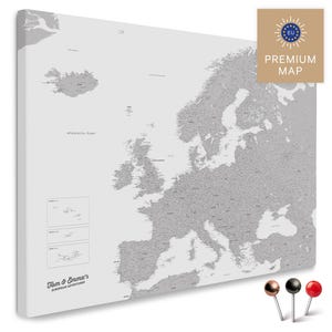 Mapa de Europa TRAVEL® tablón de anuncios en lienzo "COOLGRAY (gris claro)" | con personalización | para fijar y marcar sus destinos de viaje