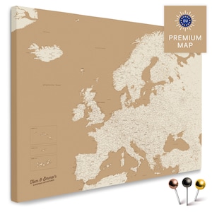 Europa kaart TRAVEL® prikbord canvas "TREASURE GOLD" | met personalisatie | voor het vastzetten en markeren van uw reisbestemmingen