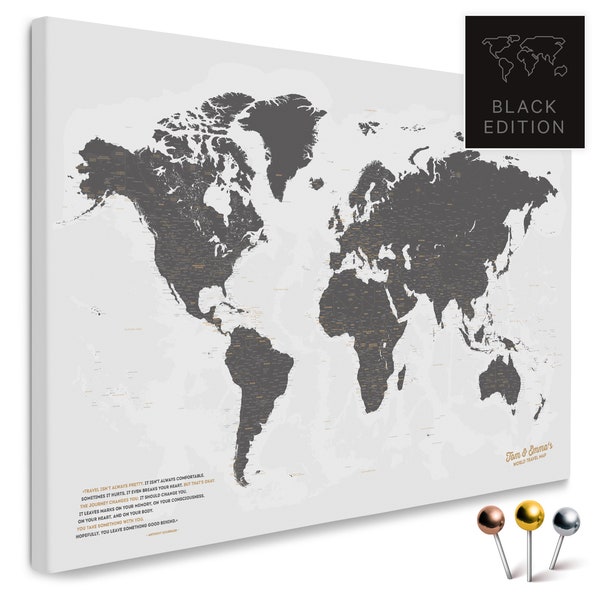 Weltkarte Pinnwand Leinwand "Light Gray" (Grau) mit Personalisierung | zum Pinnen & Markieren deiner Reiseziele