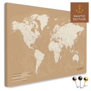 Weltkarte Pinnwand Leinwand "TREASURE GOLD" mit Personalisierung | zum Pinnen & Markieren deiner Reiseziele