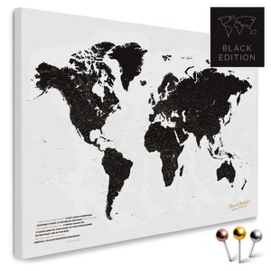 Weltkarte Pinnwand Leinwand "Light Black" (Schwarz Weiß) mit Personalisierung | zum Pinnen & Markieren deiner Reiseziele