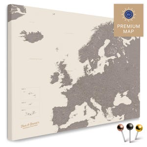 Europa-Karte TRAVEL® Pinnwand Leinwand "WARMGRAY (Braun-Grau)" | mit Personalisierung | zum Pinnen & Markieren deiner Reiseziele