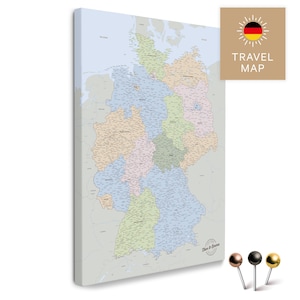 Deutschland-Karte Pinnwand Leinwand "MULTICOLOR ATLAS" (Politische Deutschland-Karte) mit Personalisierung | zur Markierung von Reisezielen