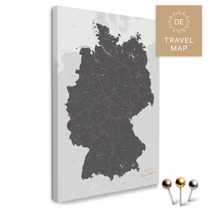 Deutschland-Karte Pinnwand Leinwand "LIGHT GRAY" (Dunkelgrau) mit Personalisierung | zur Markierung deiner Reiseziele