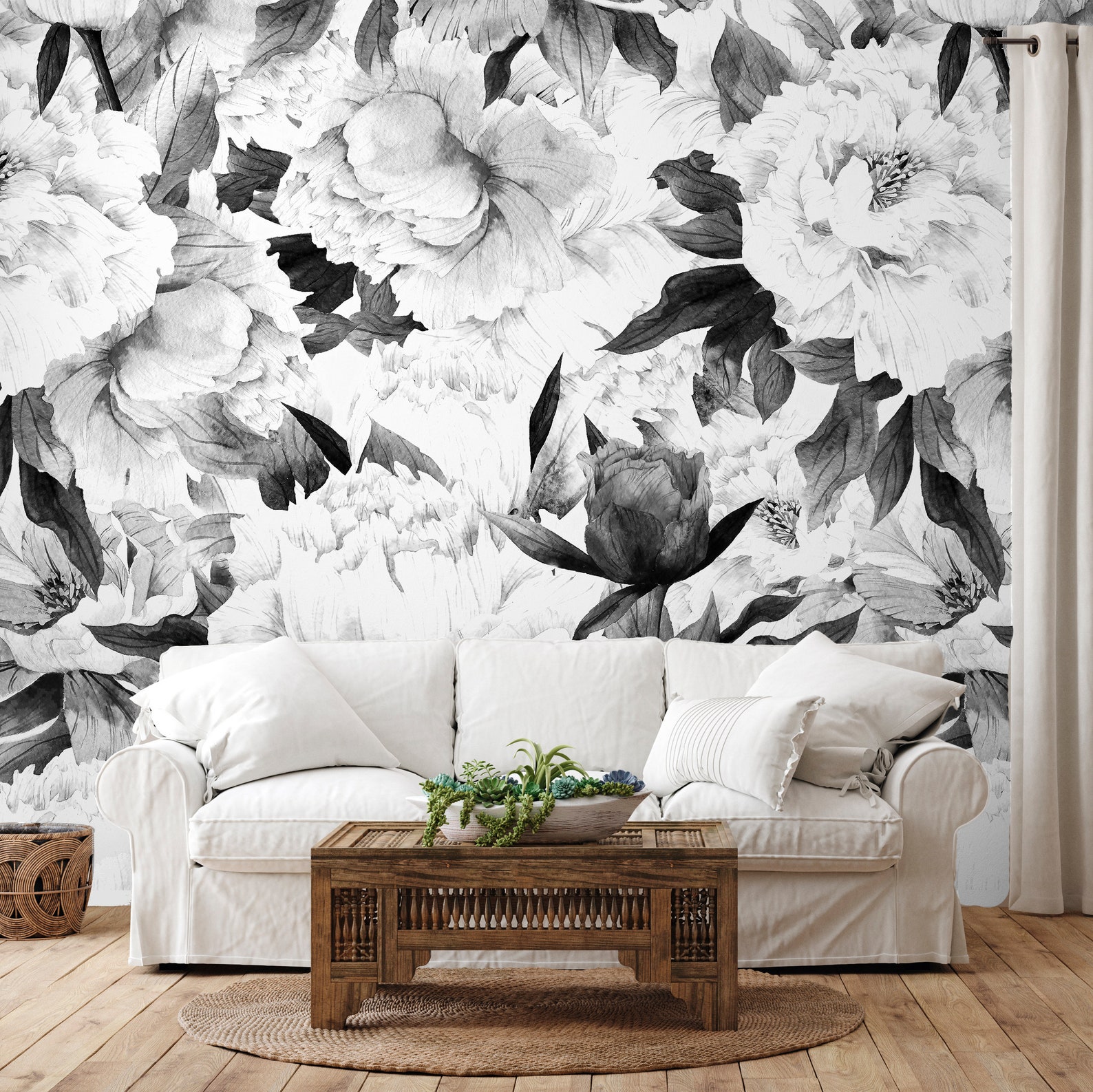 Black & White Flower Wall Mural Floral Wall Mural Mural Etsy