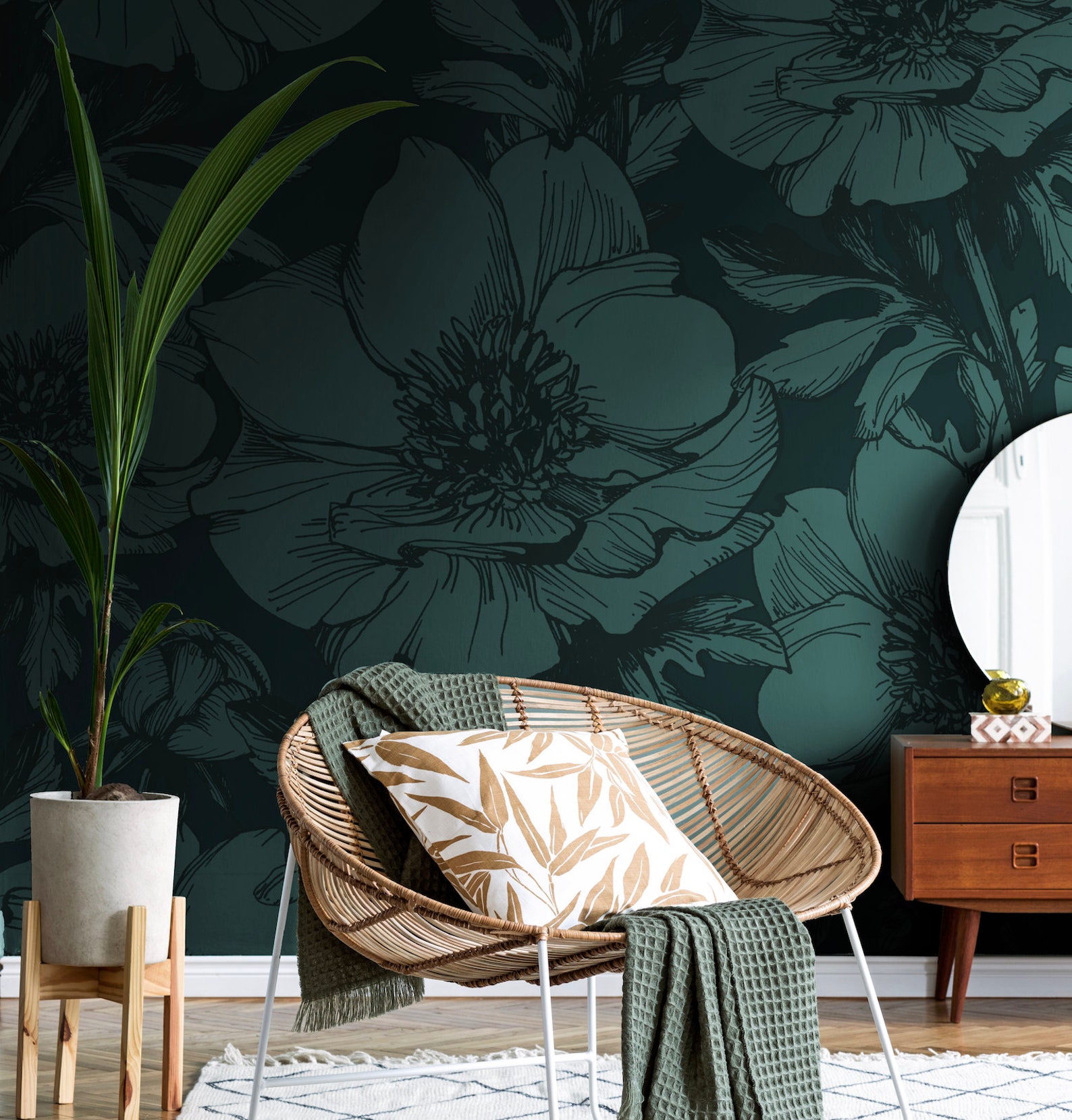 Green Floral Sketch Wall Mural Dark Wall Mural Nature Wall Etsy