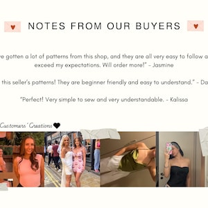 May include: A graphic with the text "NOTES FROM OUR BUYERS" and customer testimonials. Below, a collage of photos showcases customer creations. The text includes positive feedback about the patterns being easy to follow and beginner-friendly.
