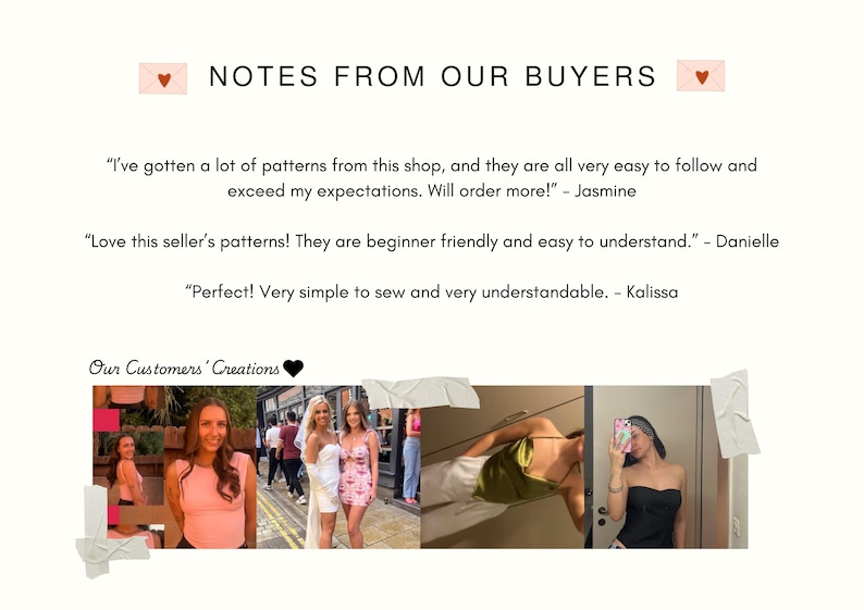 May include: A graphic with the text "NOTES FROM OUR BUYERS" and customer testimonials. Below, a collage of photos showcases customer creations. The text includes positive feedback about the patterns being easy to follow and beginner-friendly.