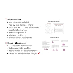 May include: A white page with text detailing pattern features, including seam allowance, illustrated tutorials, and digital downloads. The image also shows example pattern layouts and tutorials for sewing projects.
