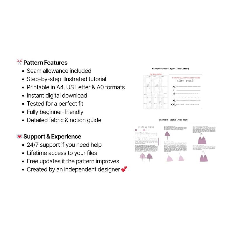 May include: A white page with text detailing pattern features, including seam allowance, illustrated tutorials, and digital downloads. The image also shows example pattern layouts and tutorials for sewing projects.