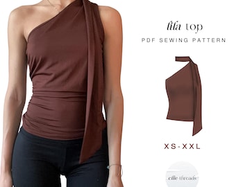 Ruched One Shoulder Top Sewing Pattern with Neck Scarf (Digital PDF)
