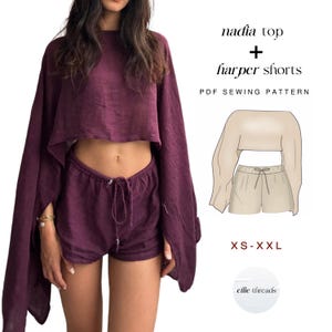 Puede incluir: Un patrón de costura para una blusa corta holgada con mangas largas y un par de pantalones cortos con cordón. El patrón se llama "Nadia Top + Harper Shorts" y está disponible en tallas XS-XXL. El patrón está disponible para descargar en PDF desde Ellie Threads.
